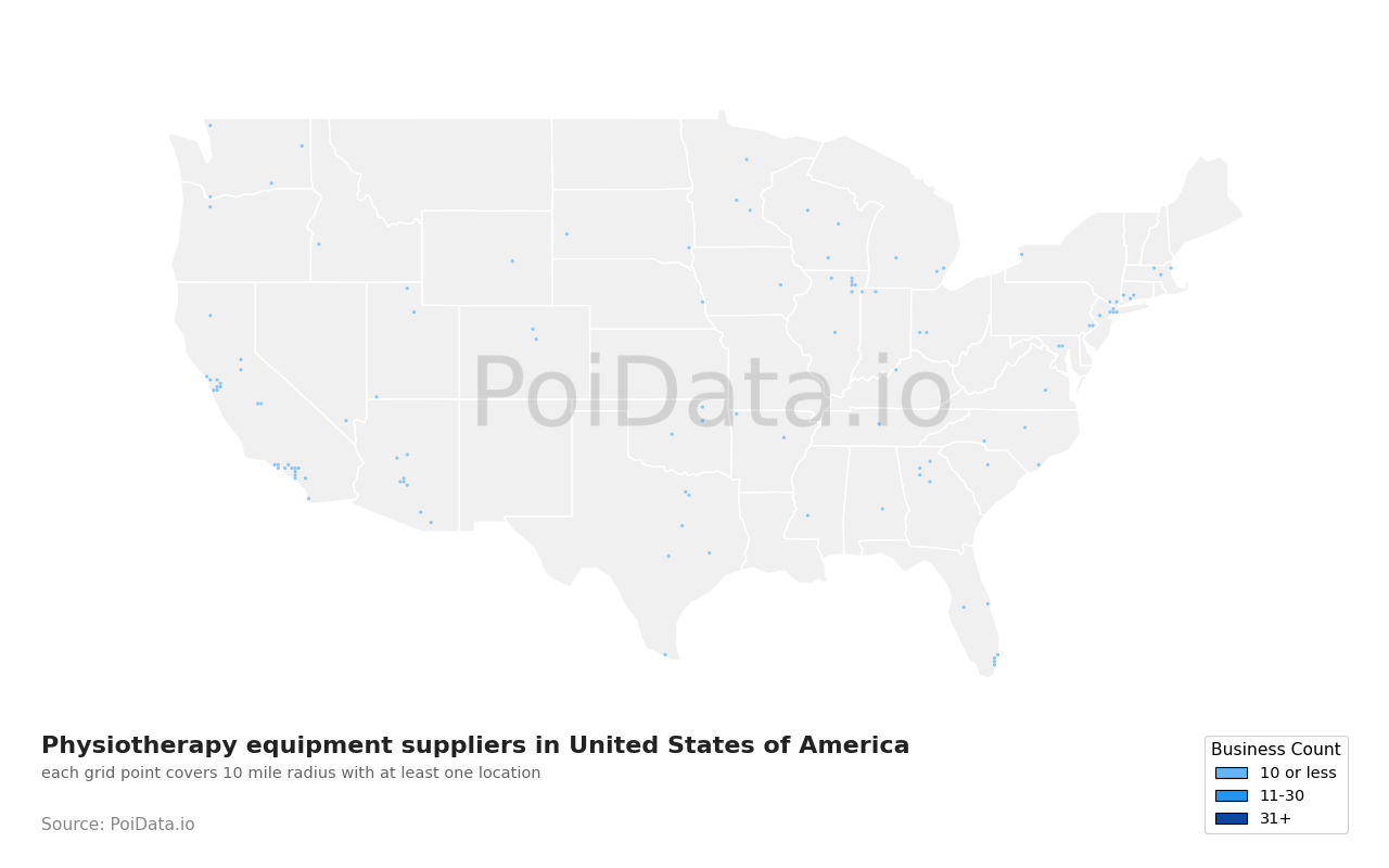 Physiotherapy equipment supplier density map for United States