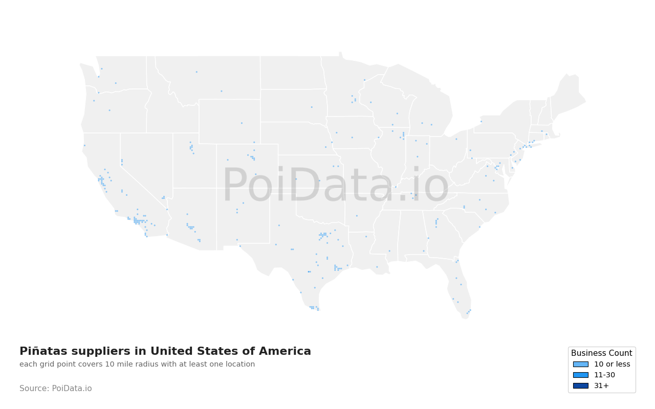 Piñatas supplier density map for Texas, United States