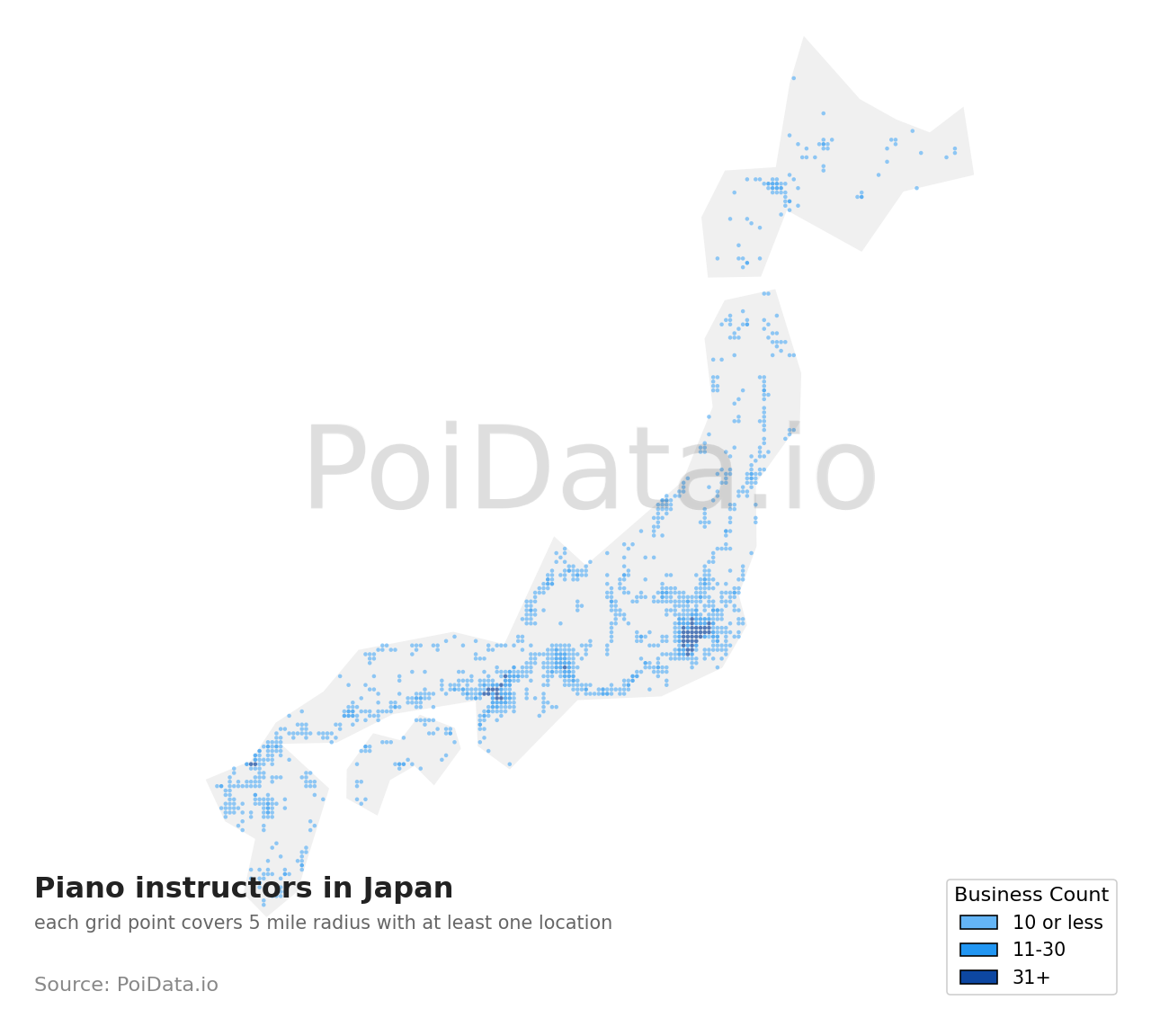 Piano instructor density map for Japan