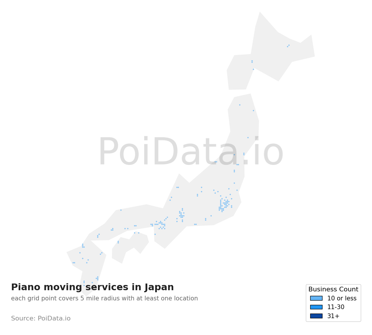 Piano moving service density map for Kasuya District, Fukuoka, Japan
