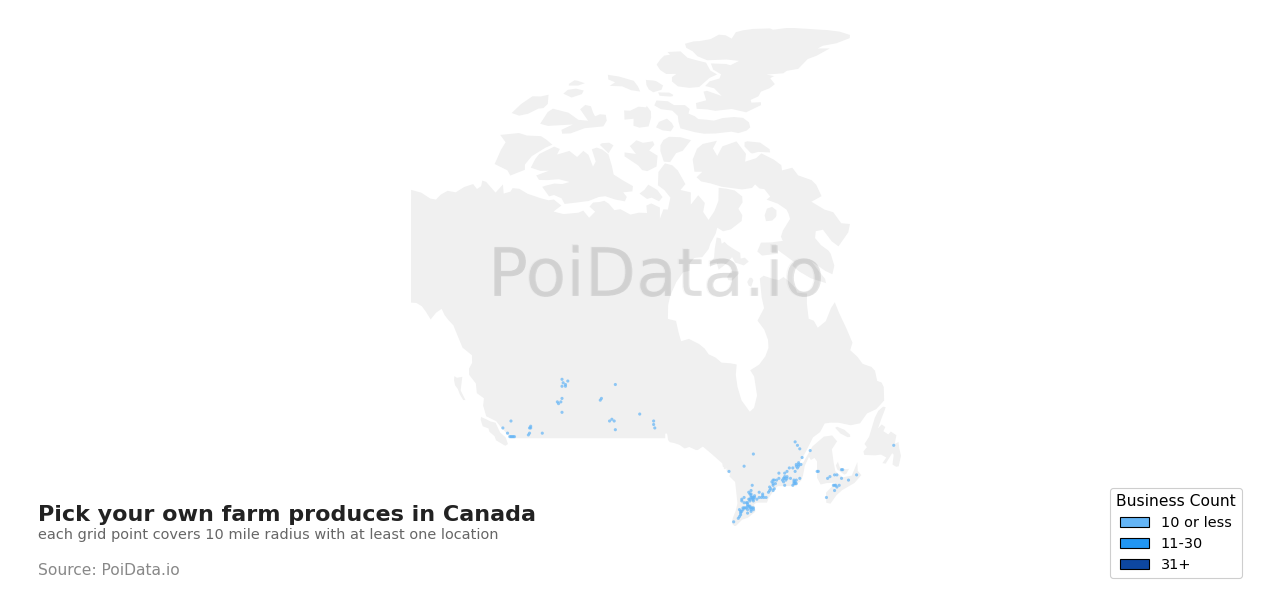 Pick your own farm produce density map for Saskatchewan, Canada