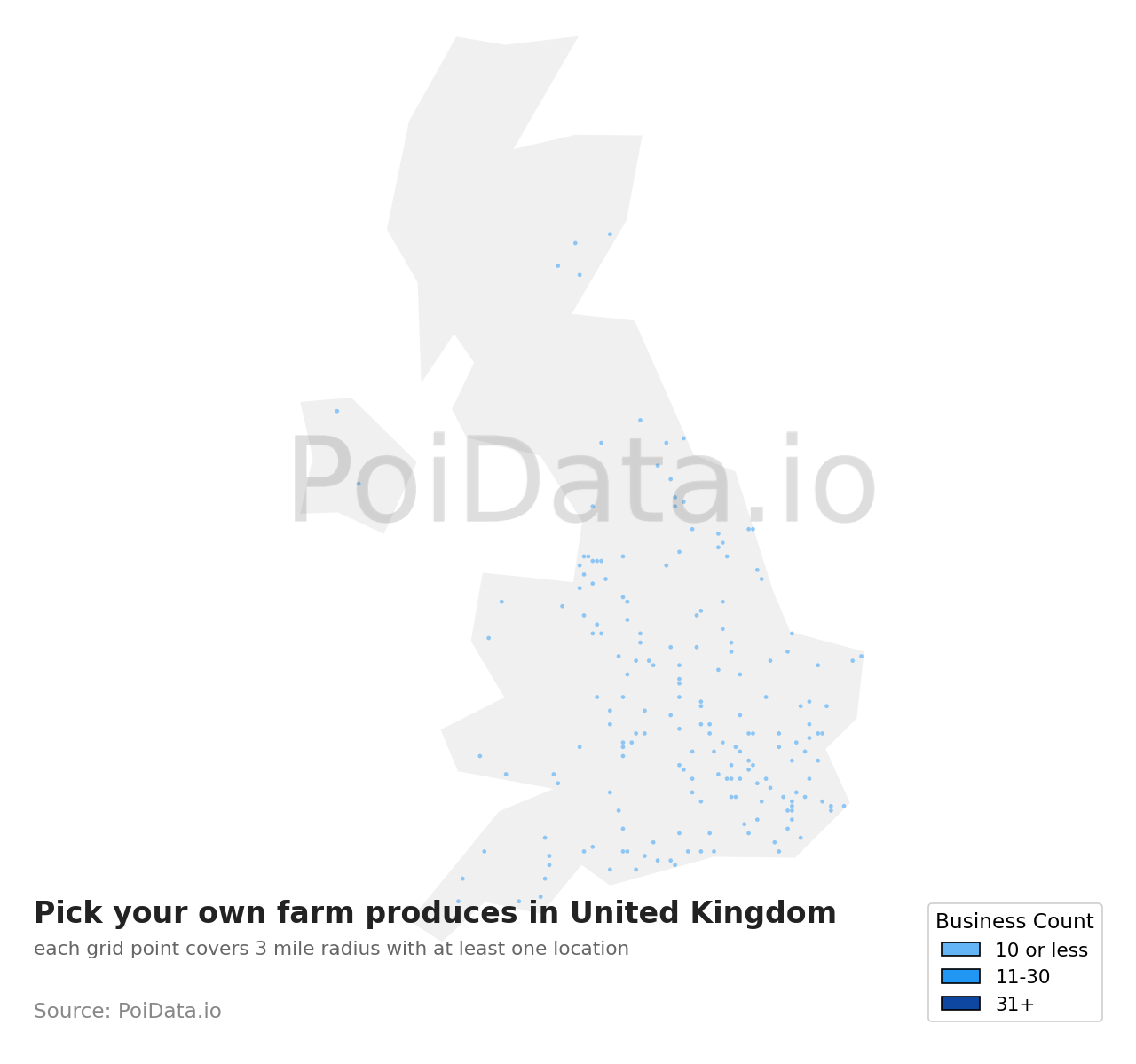 Pick your own farm produce density map for United Kingdom