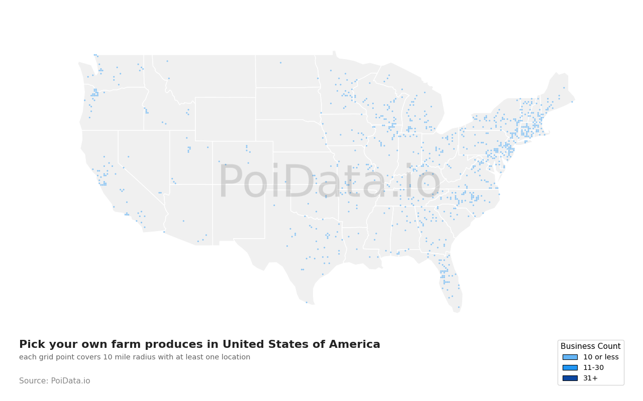 Pick your own farm produce density map for United States