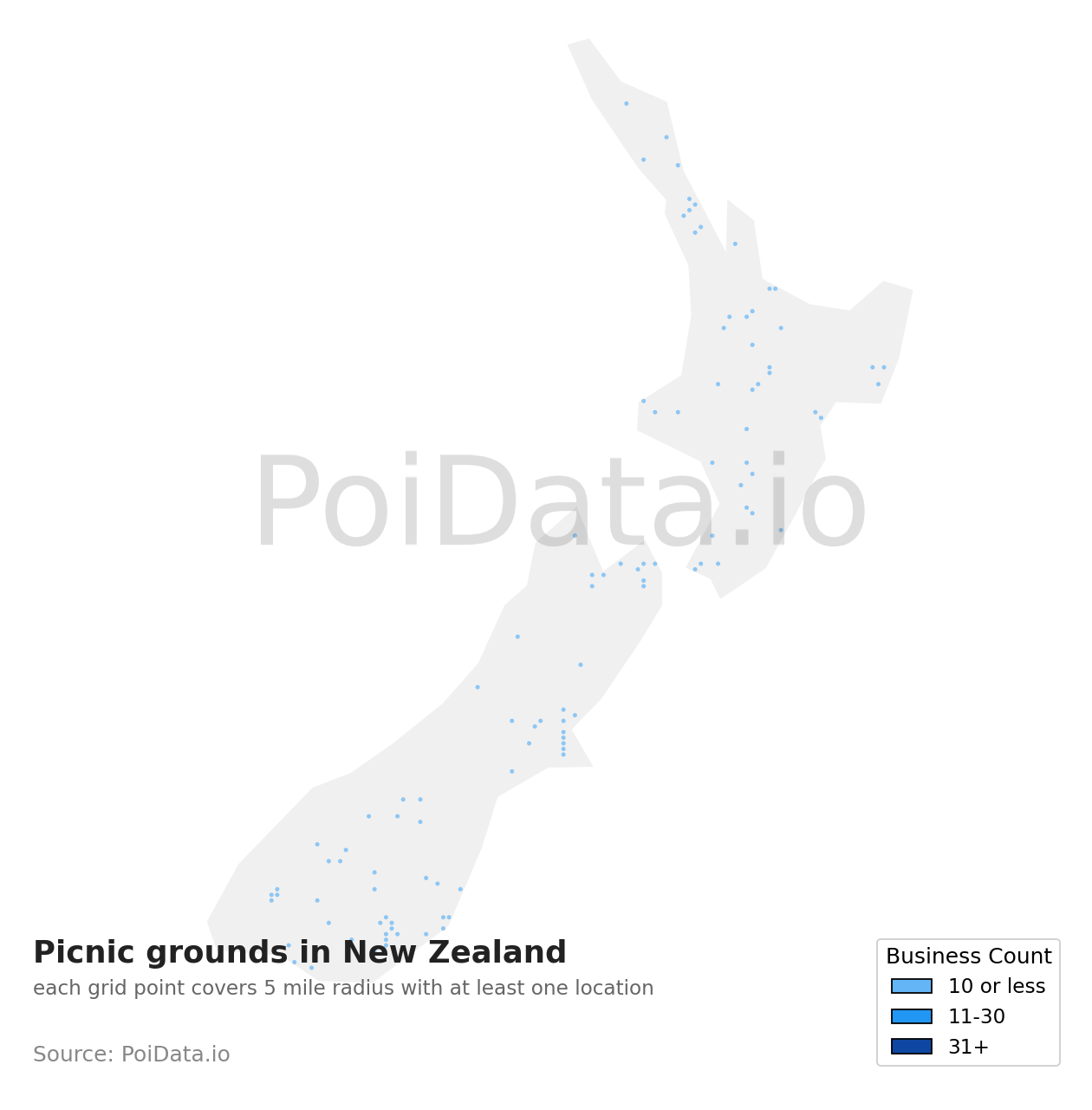 Picnic ground density map for New Zealand
