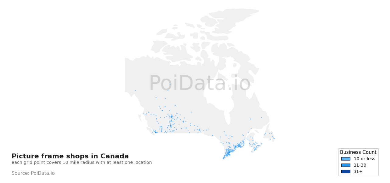 Picture frame shop density map for Canada