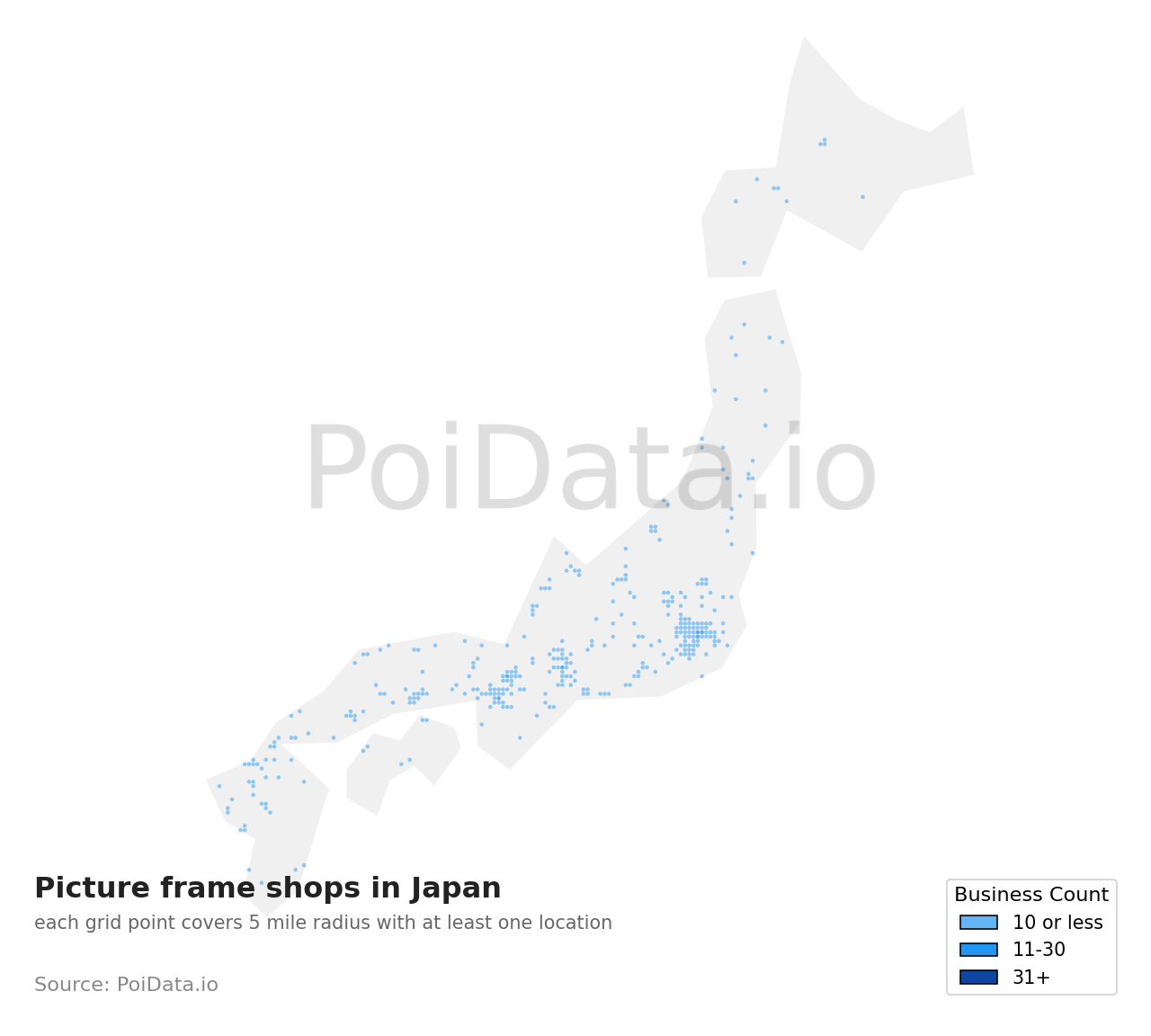 Picture frame shop density map for Nagano, Japan