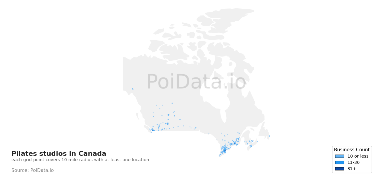 Pilates studio density map for Nova Scotia, Canada