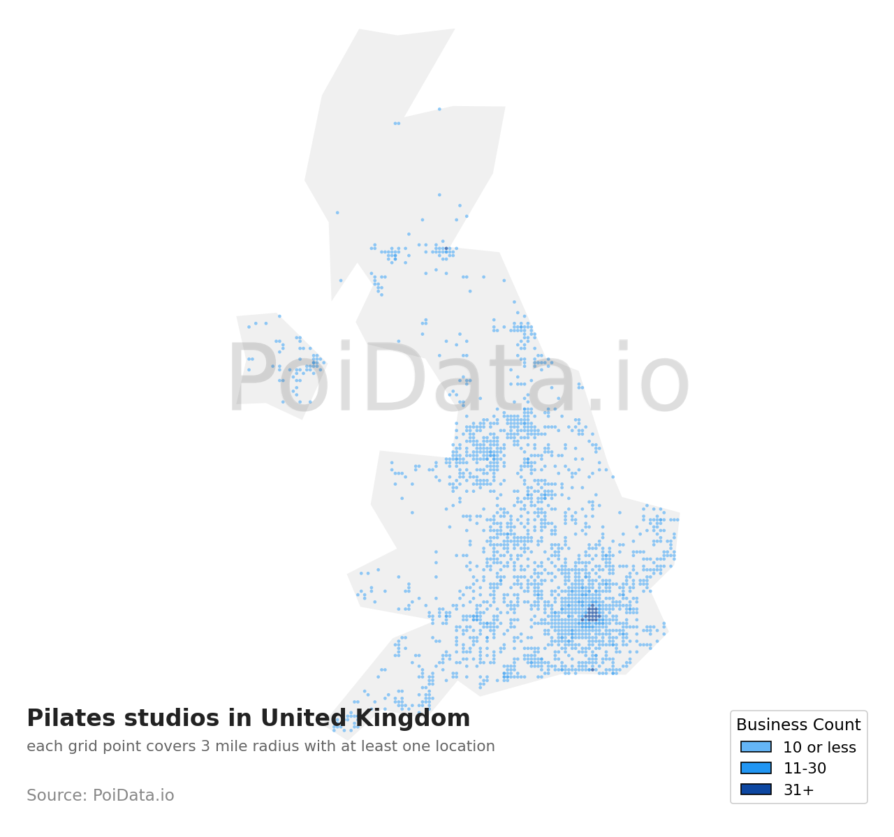 Pilates studio density map for United Kingdom