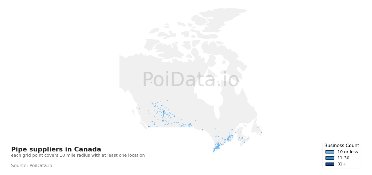 Pipe supplier density map for Alberta, Canada