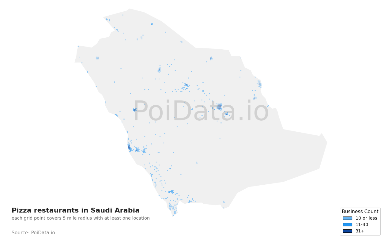 Pizza restaurant density map for Saudi Arabia