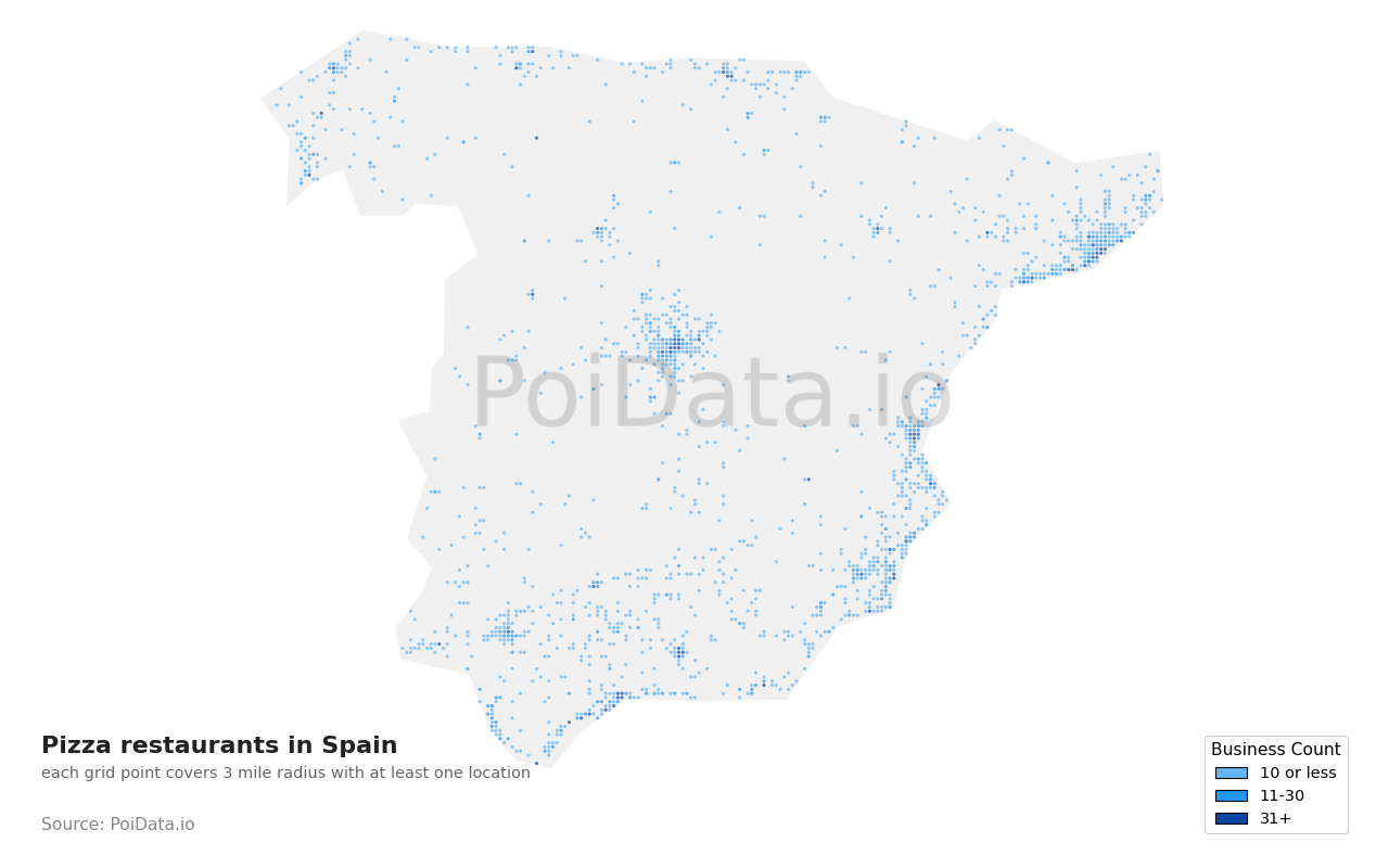 Pizza restaurant density map for Spain