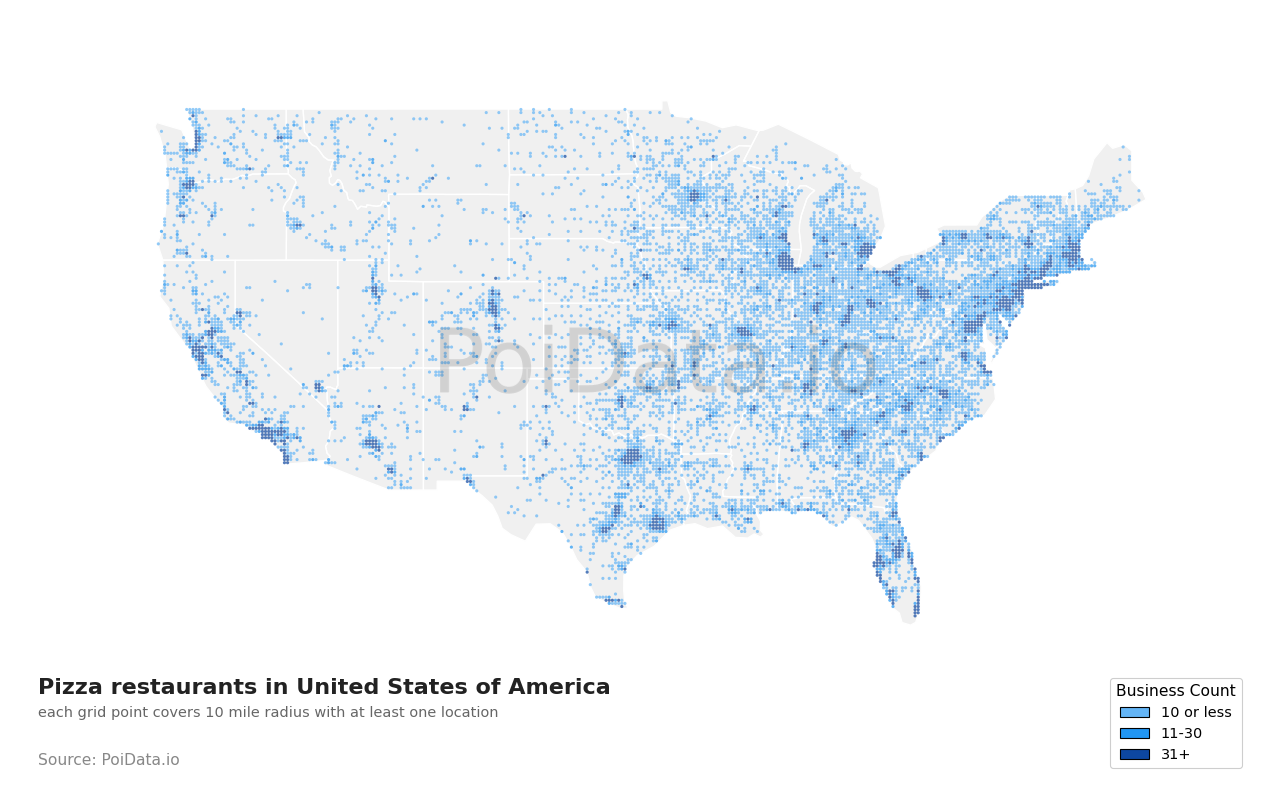 Pizza restaurant density map for Florida, United States
