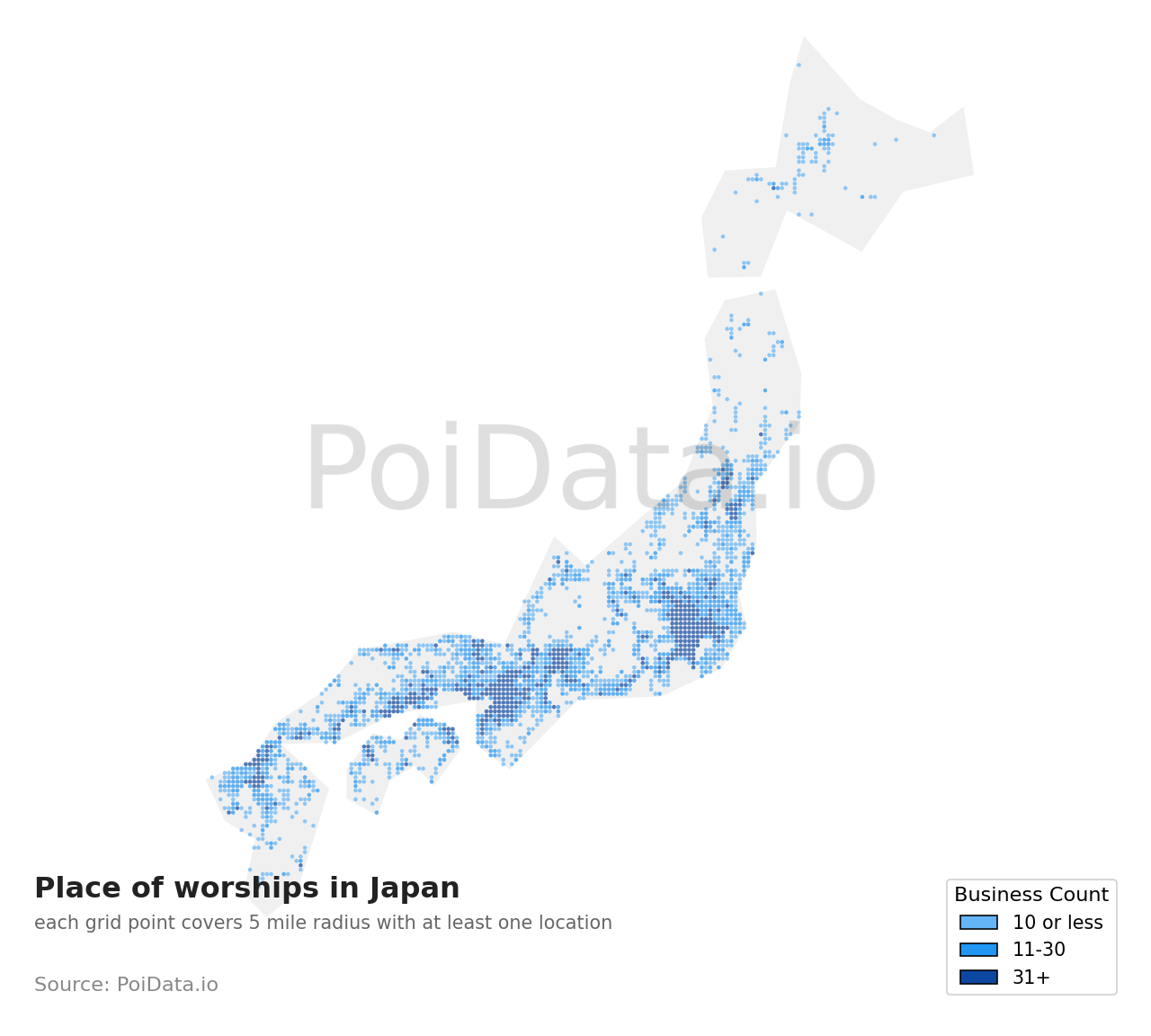 Place of worship density map for Motoyoshi District, Miyagi, Japan