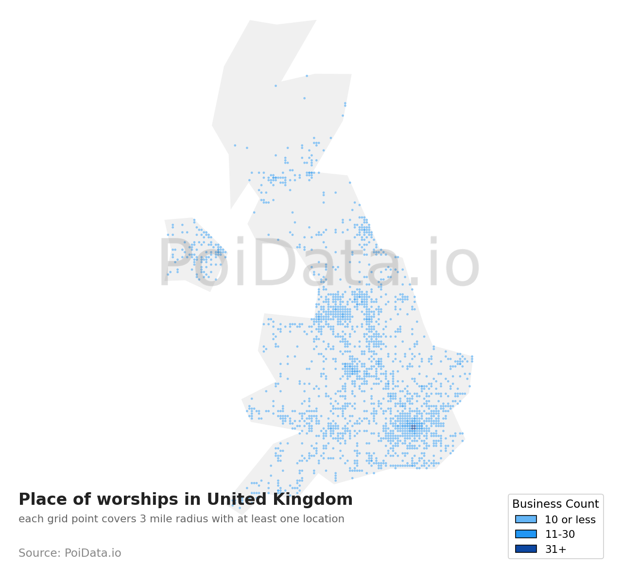 Place of worship density map for United Kingdom