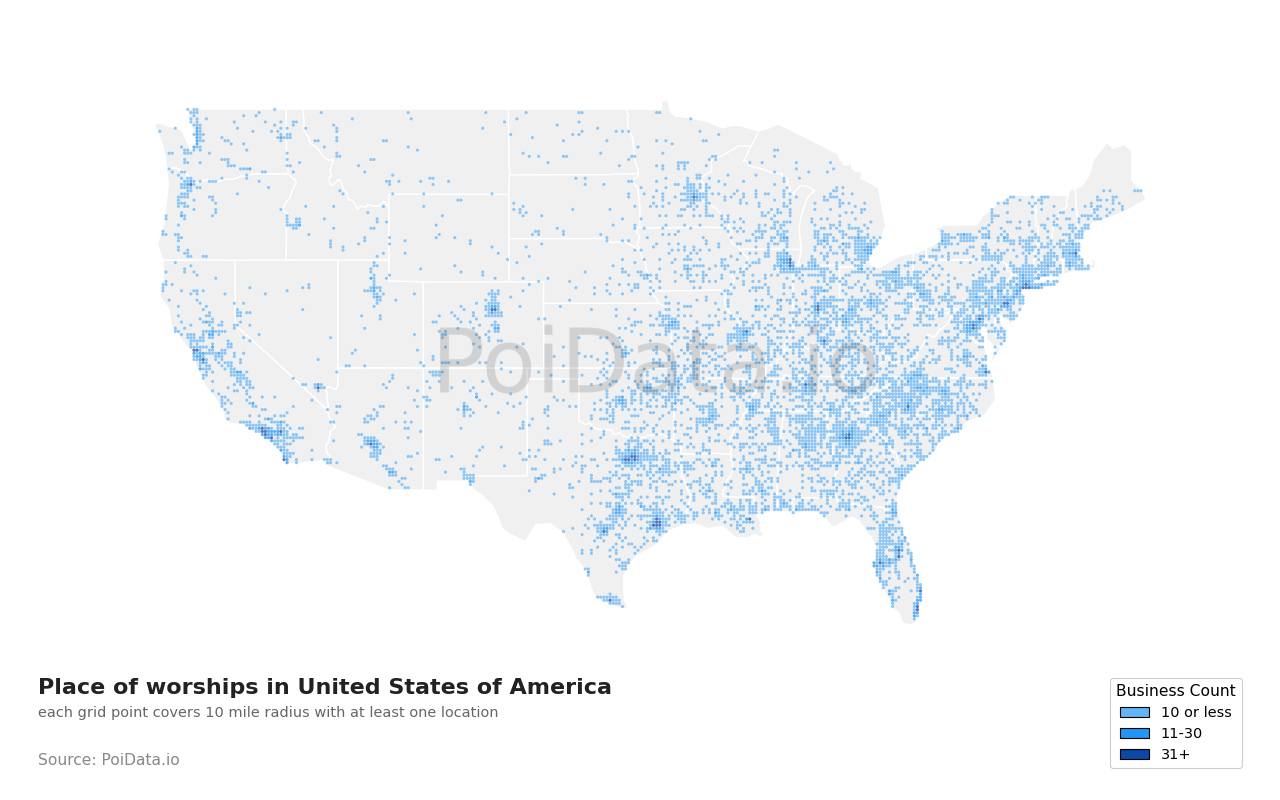 Place of worship density map for Pennsylvania, United States