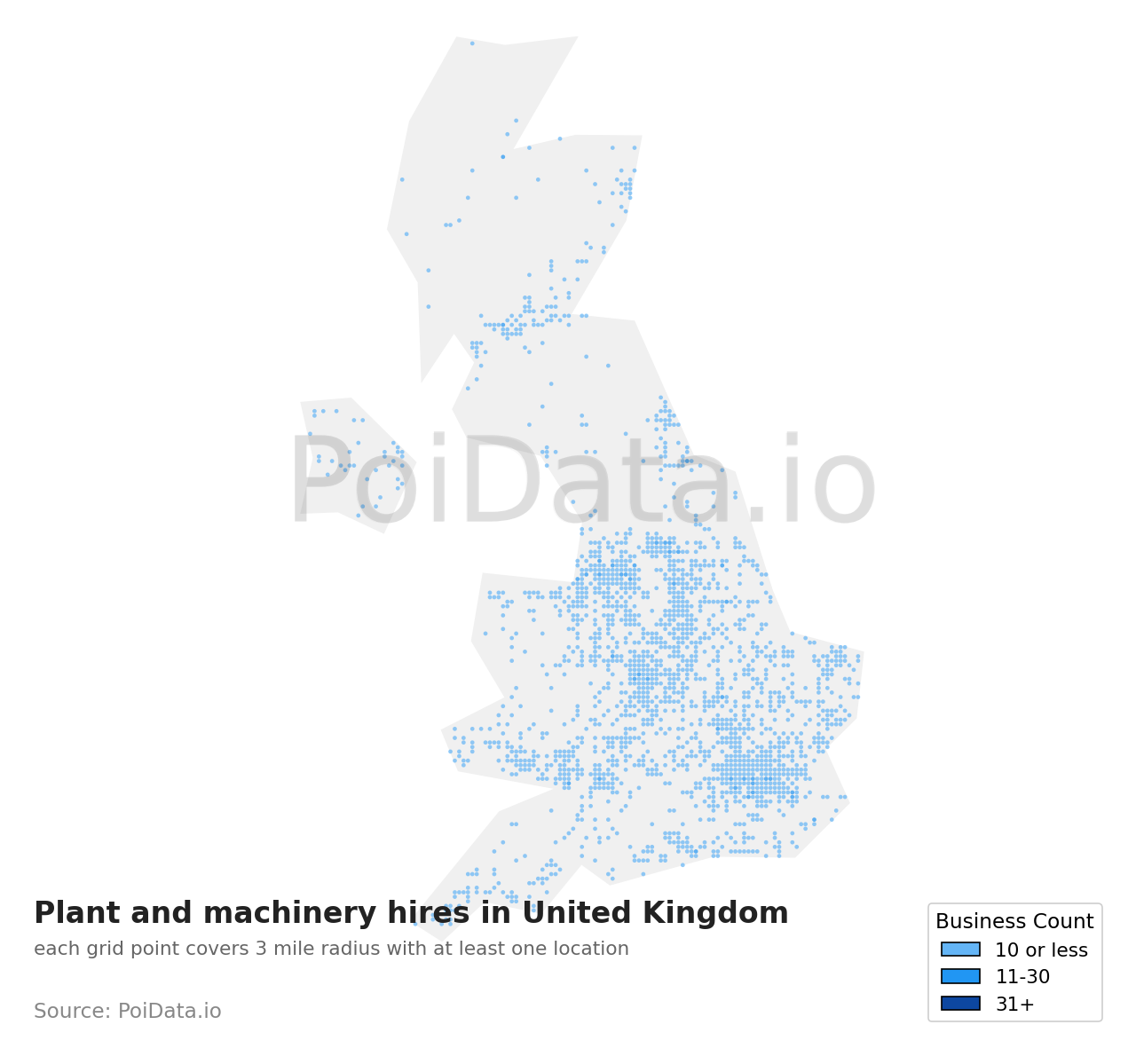 Plant and machinery hire density map for United Kingdom