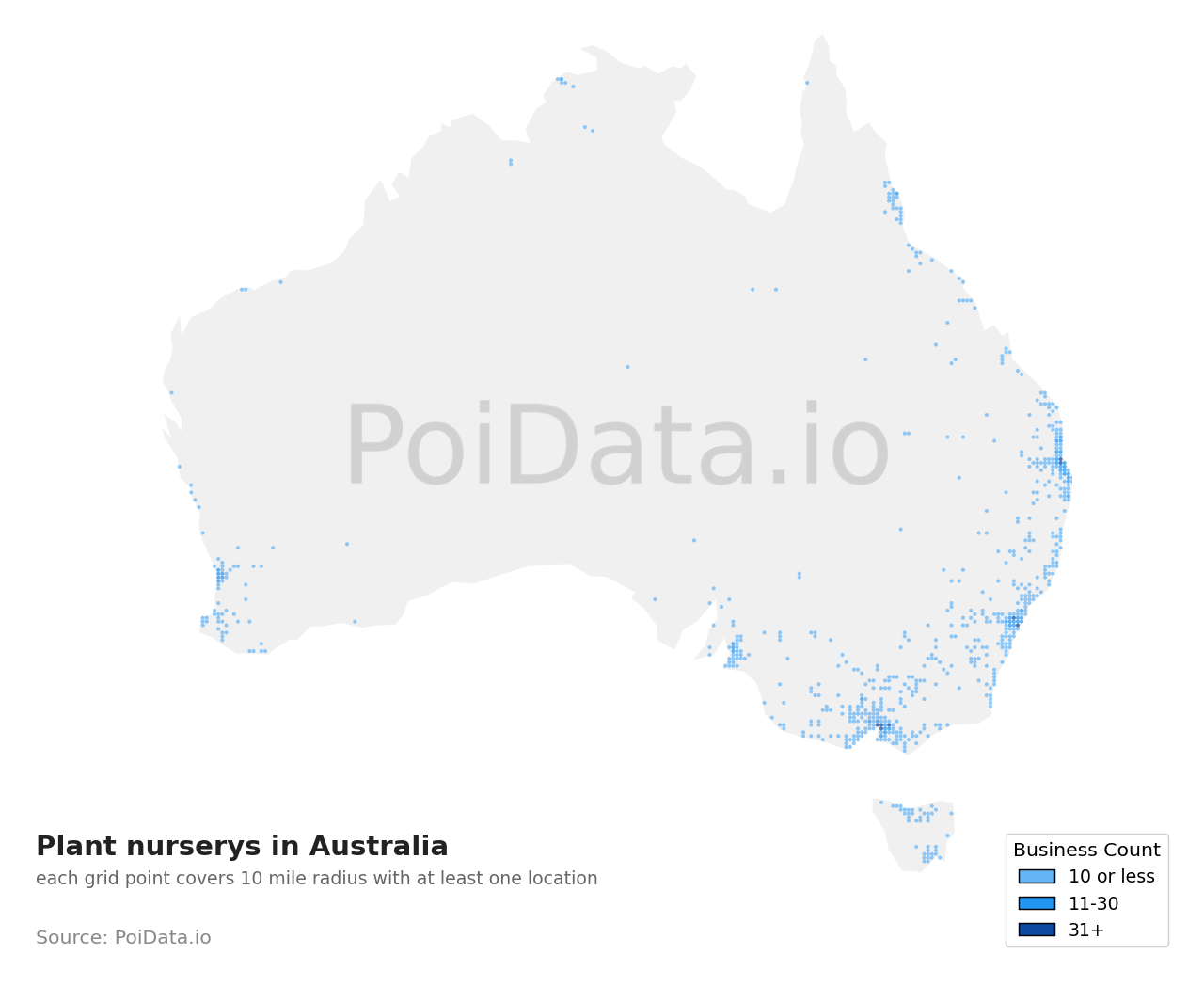 Plant nursery density map for TAS, Australia