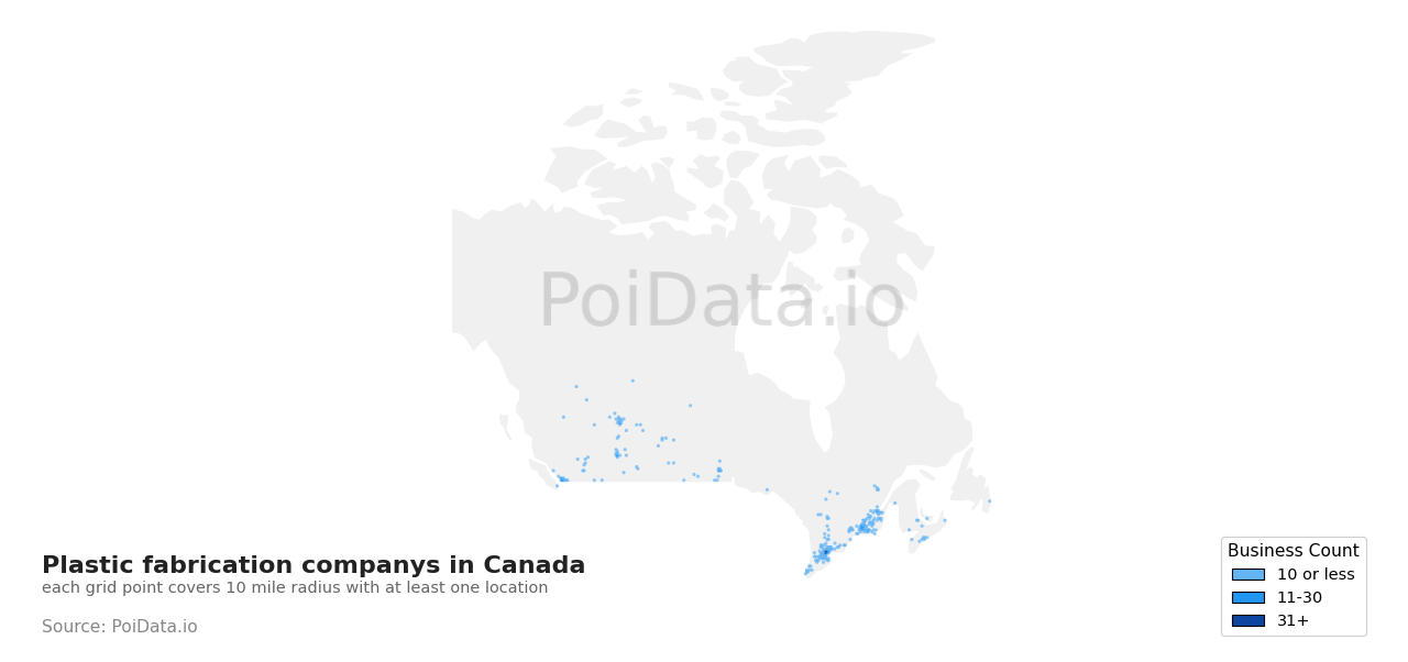 Plastic fabrication company density map for British Columbia, Canada