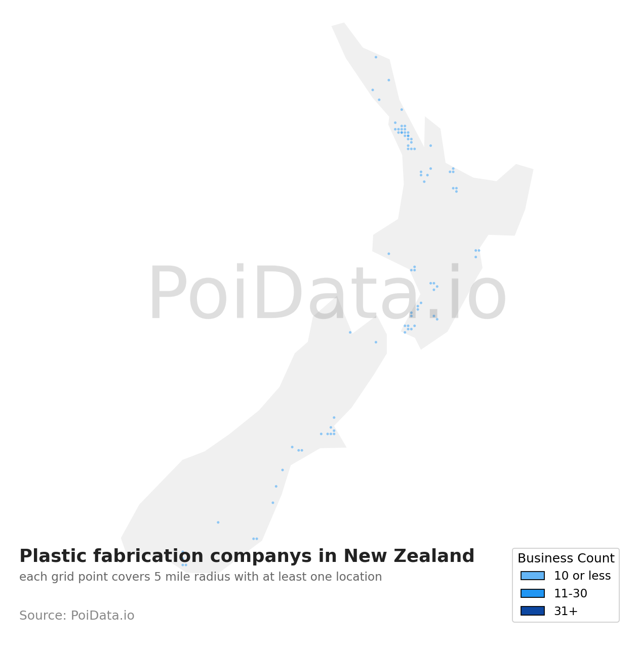 Plastic fabrication company density map for New Zealand