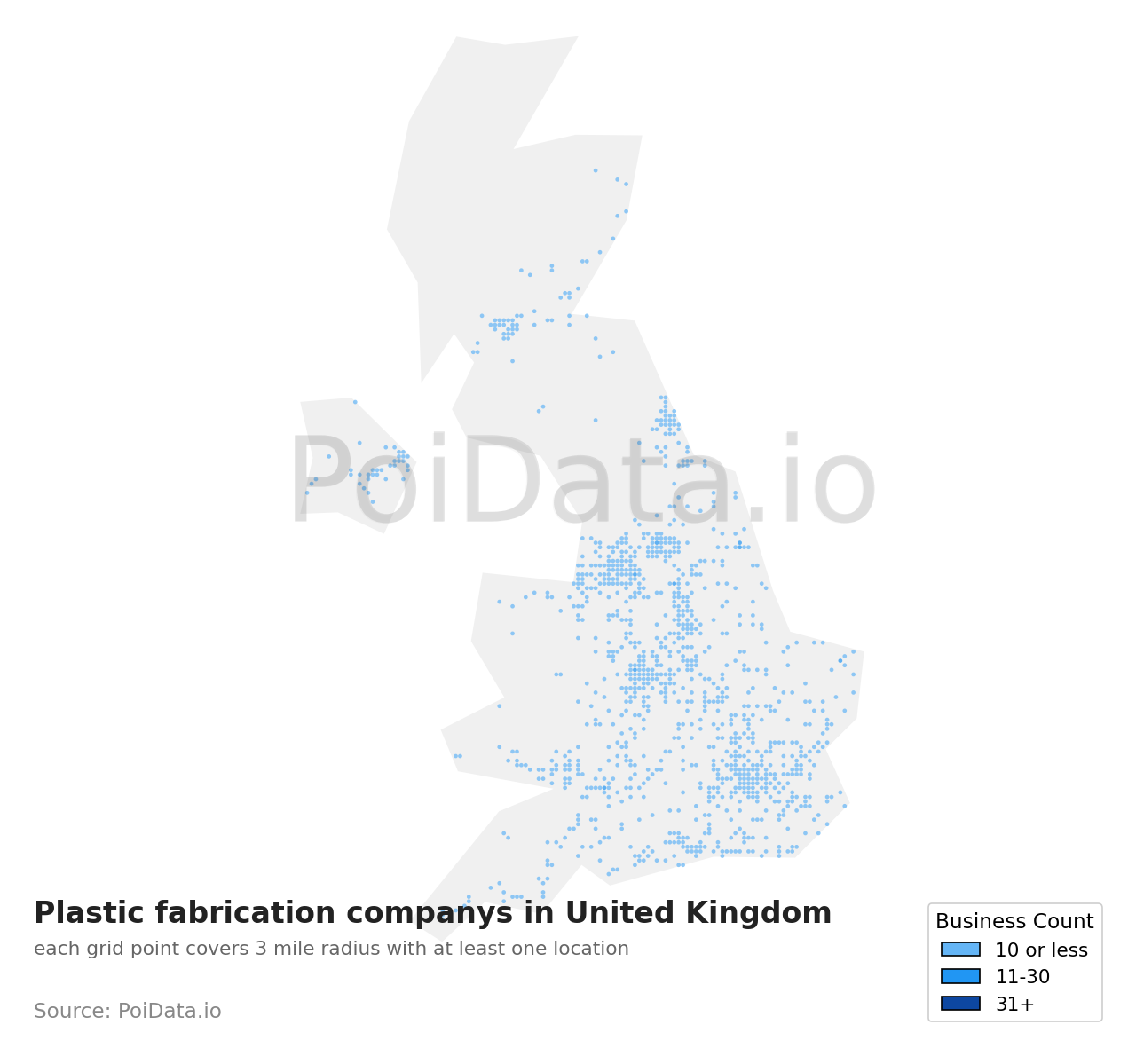 Plastic fabrication company density map for United Kingdom