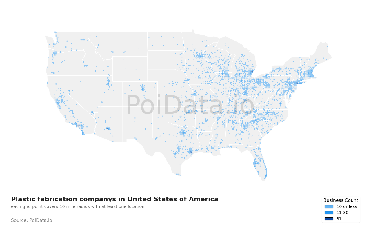Plastic fabrication company density map for Florida, United States