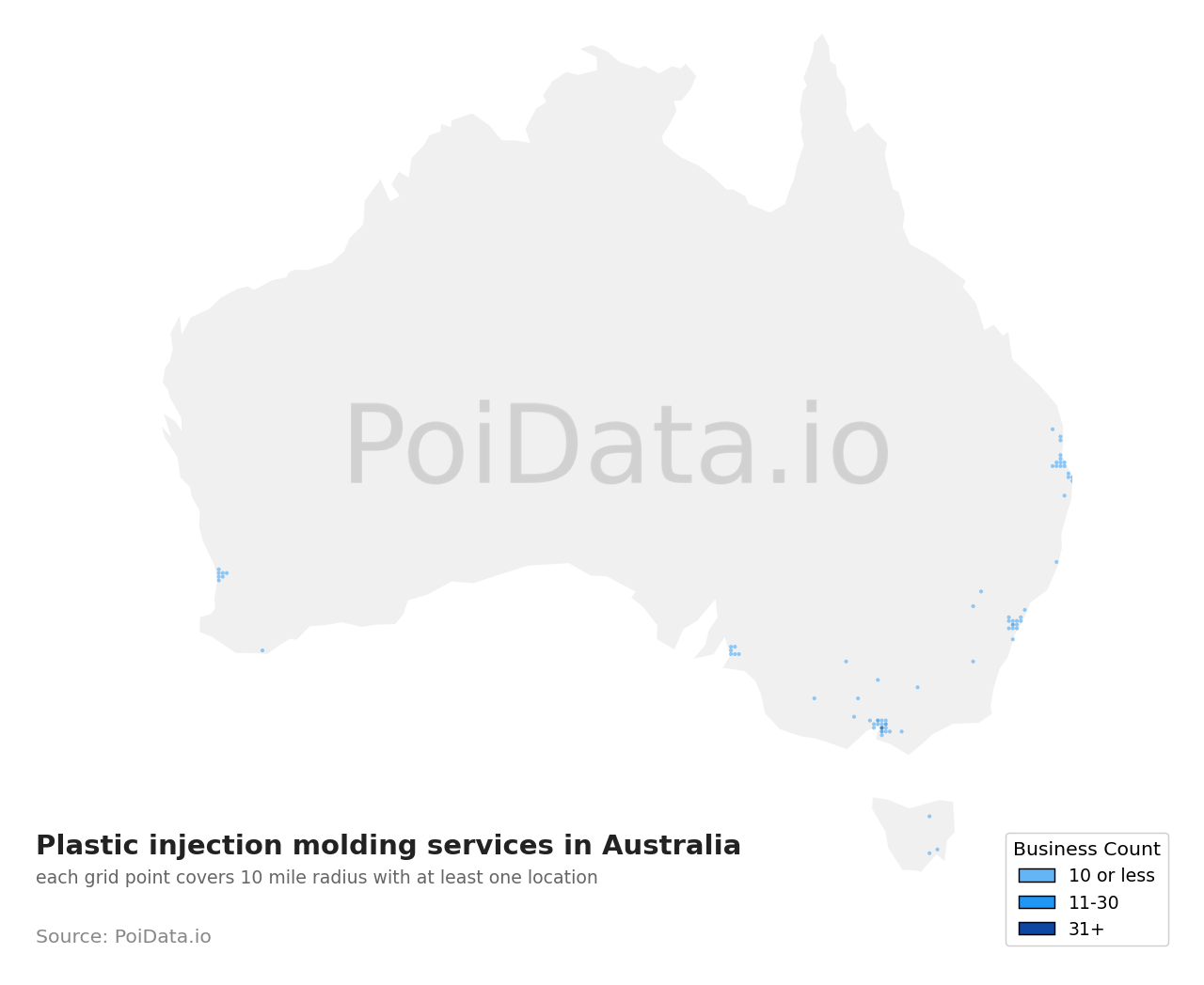 Plastic injection molding service density map for Australia