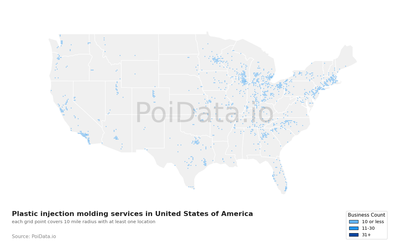 Plastic injection molding service density map for Michigan, United States
