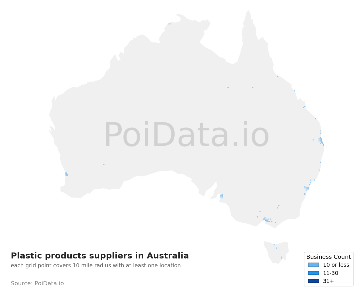 Plastic products supplier density map for Australia