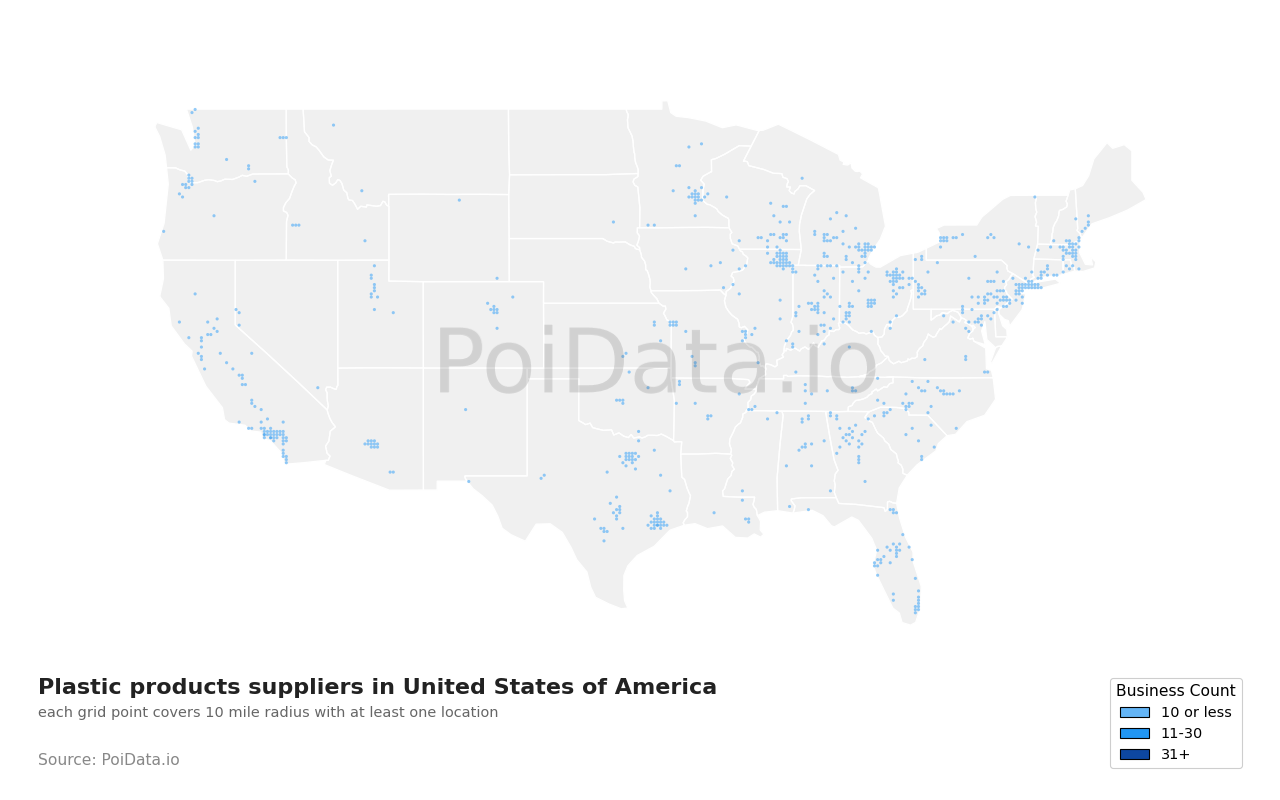 Plastic products supplier density map for California, United States