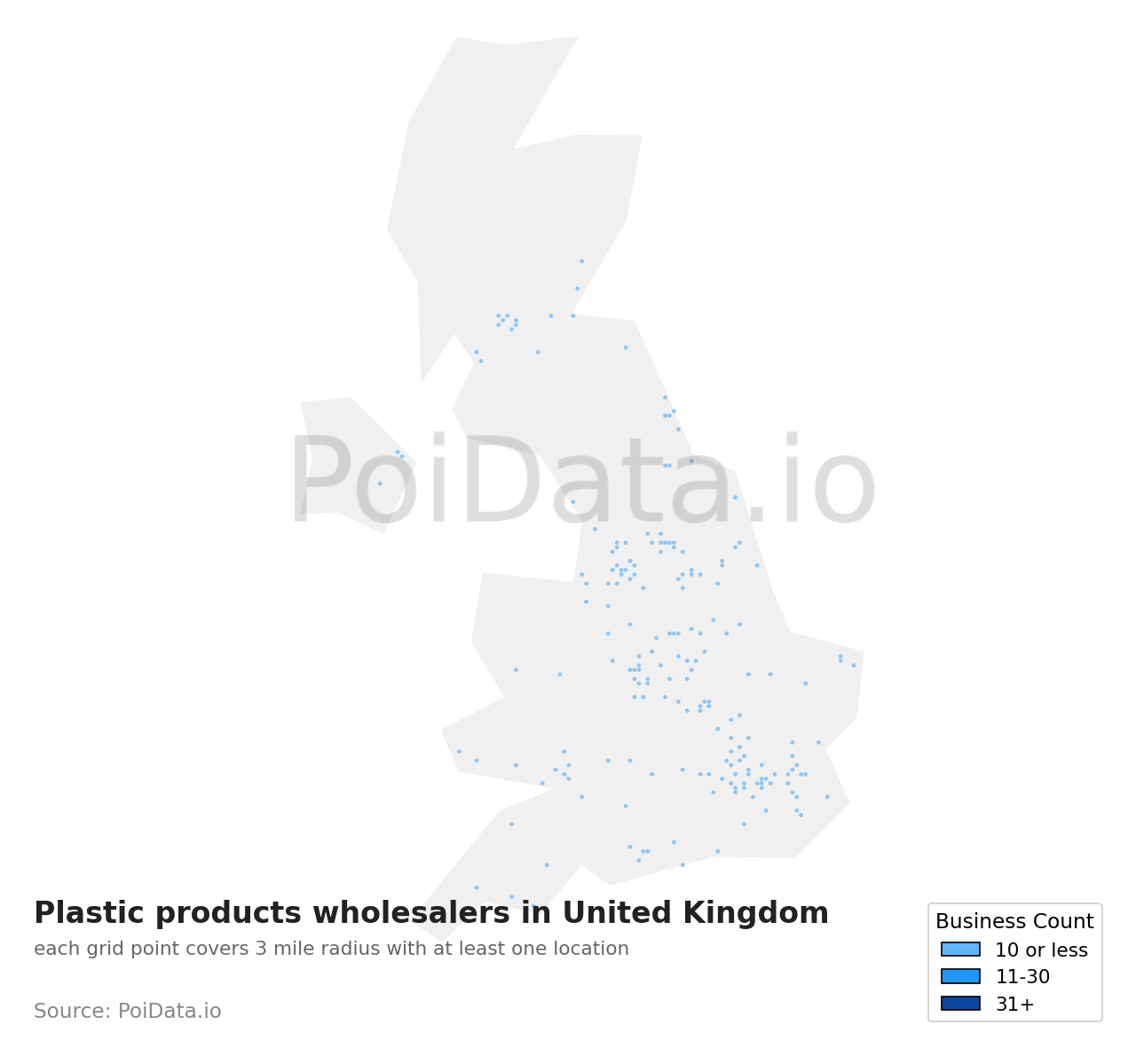 Plastic products wholesaler density map for United Kingdom