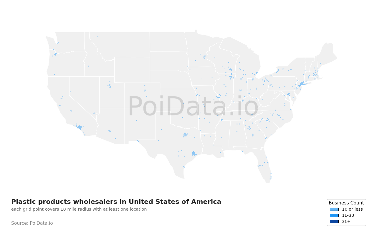 Plastic products wholesaler density map for California, United States