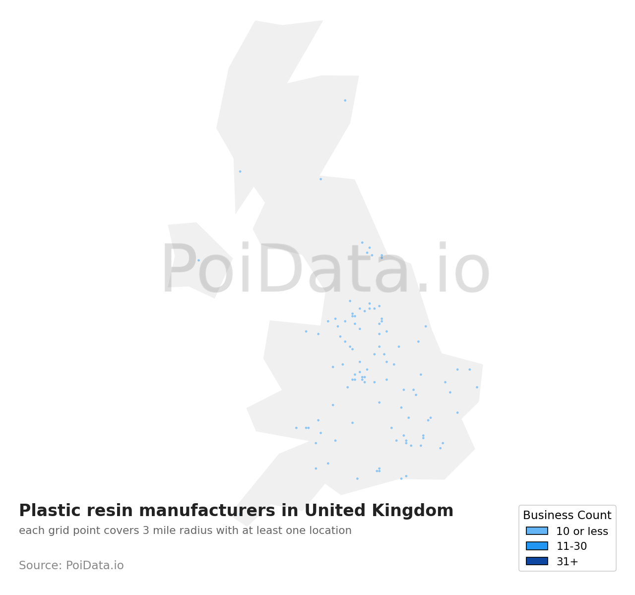 Plastic resin manufacturer density map for United Kingdom