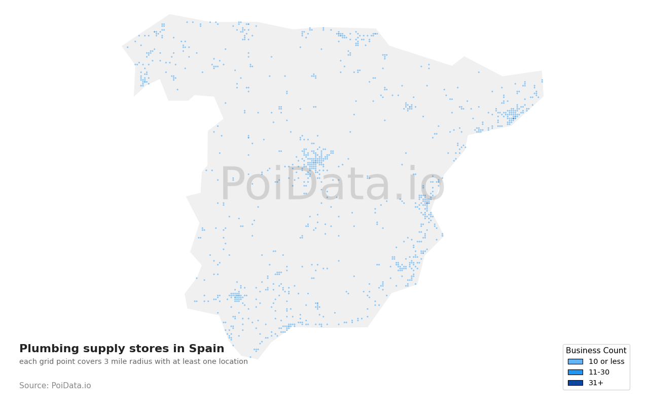 Plumbing supply store density map for Spain