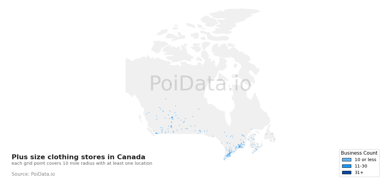 Plus size clothing store density map for Canada