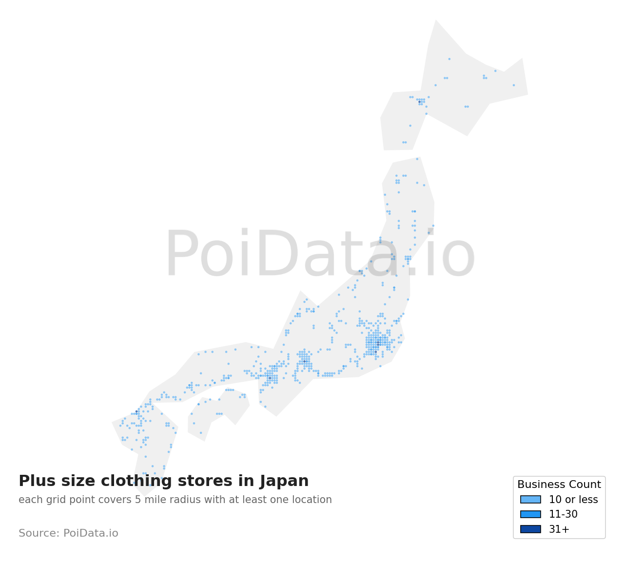 Plus size clothing store density map for Japan