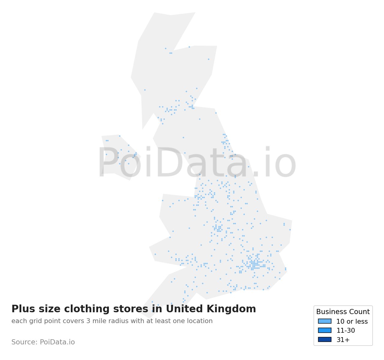 Plus size clothing store density map for United Kingdom