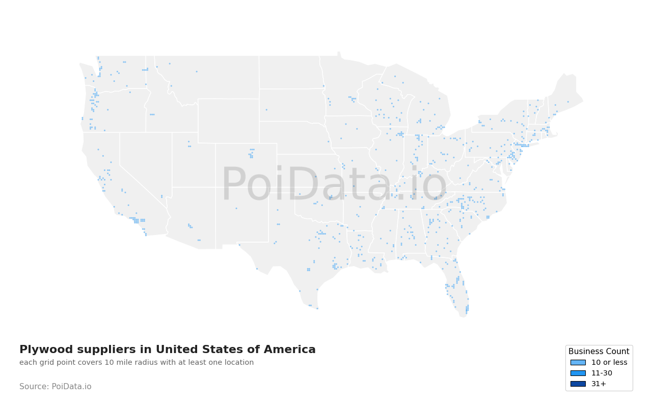 Plywood supplier density map for United States