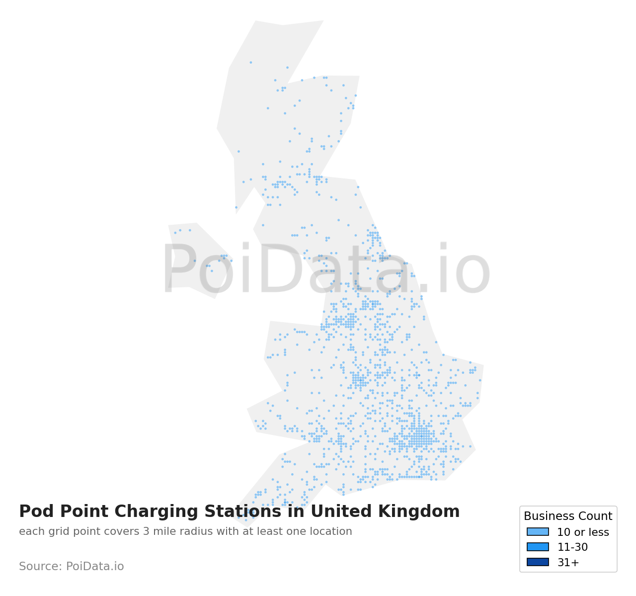 Pod Point Charging Station density map for United Kingdom