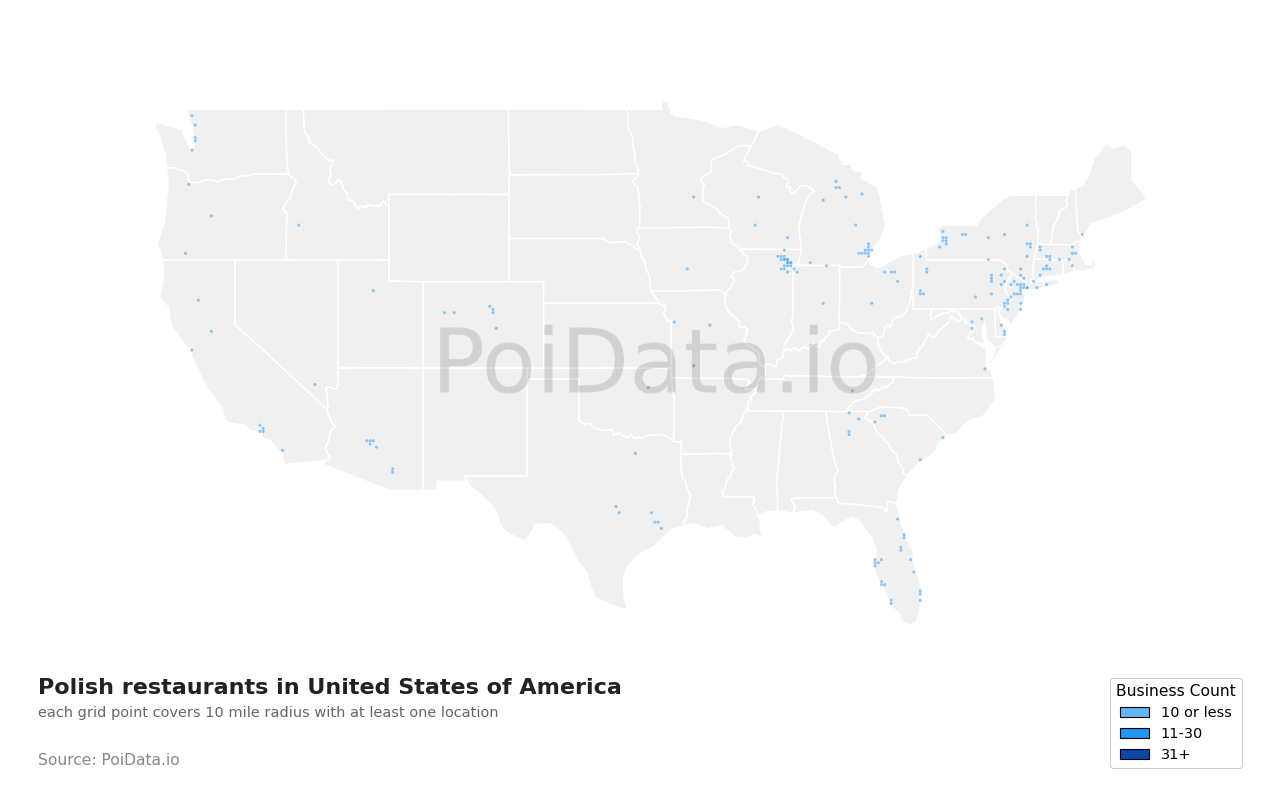 Polish restaurant density map for United States