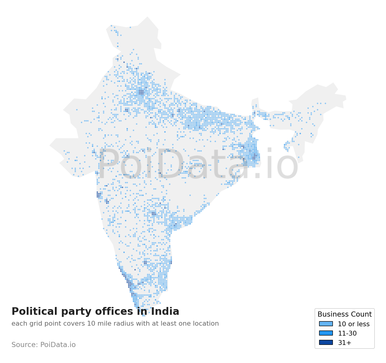 Political party office density map for India