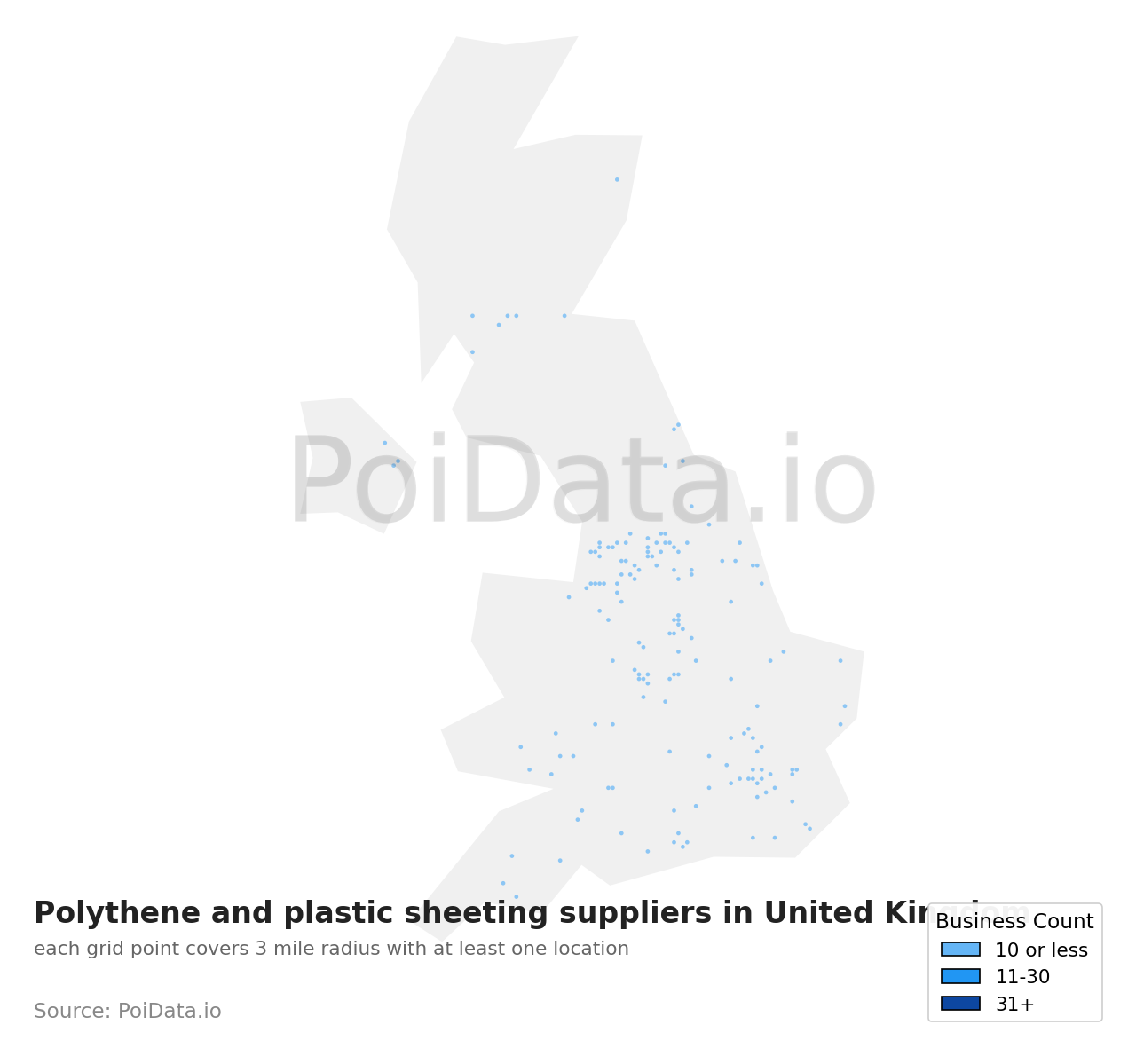 Polythene and plastic sheeting supplier density map for United Kingdom