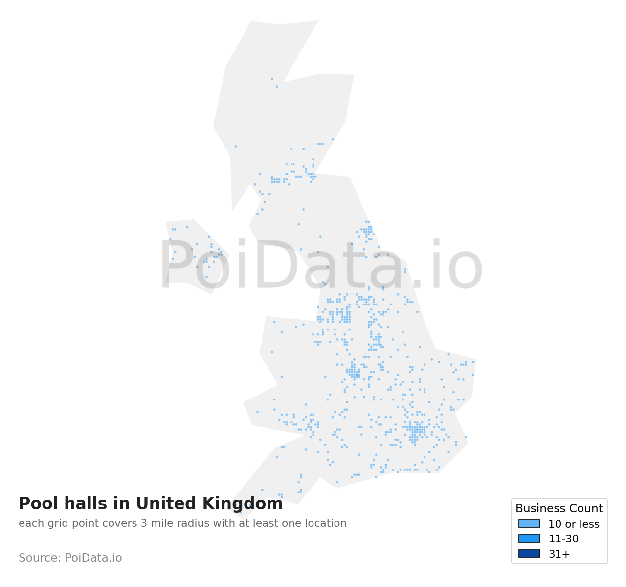 Pool hall density map for United Kingdom