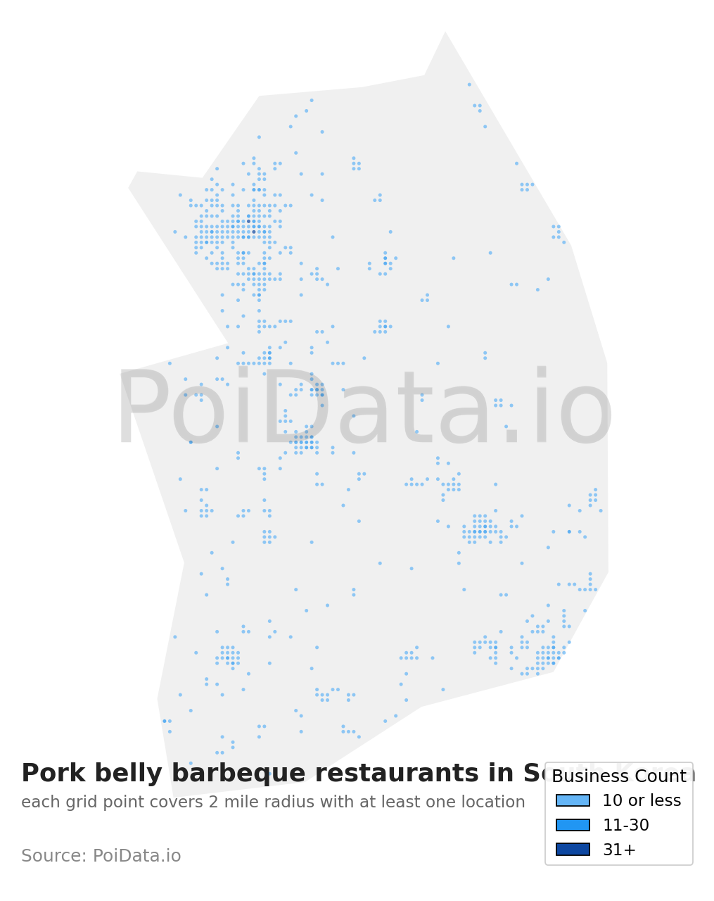 Pork belly barbeque restaurant density map for South Korea