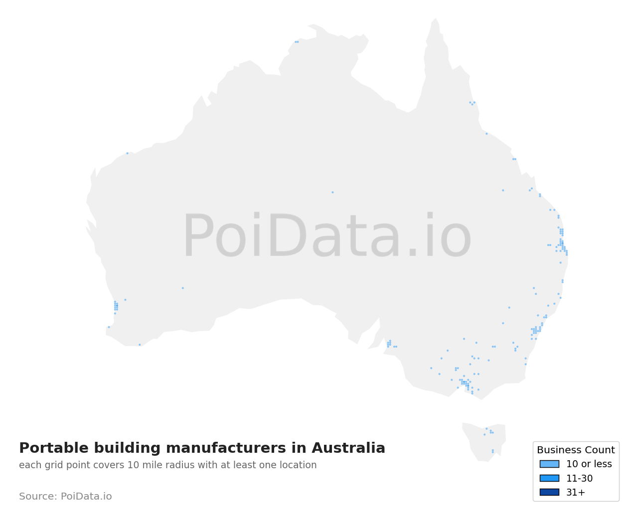 Portable building manufacturer density map for Tasmania, Australia