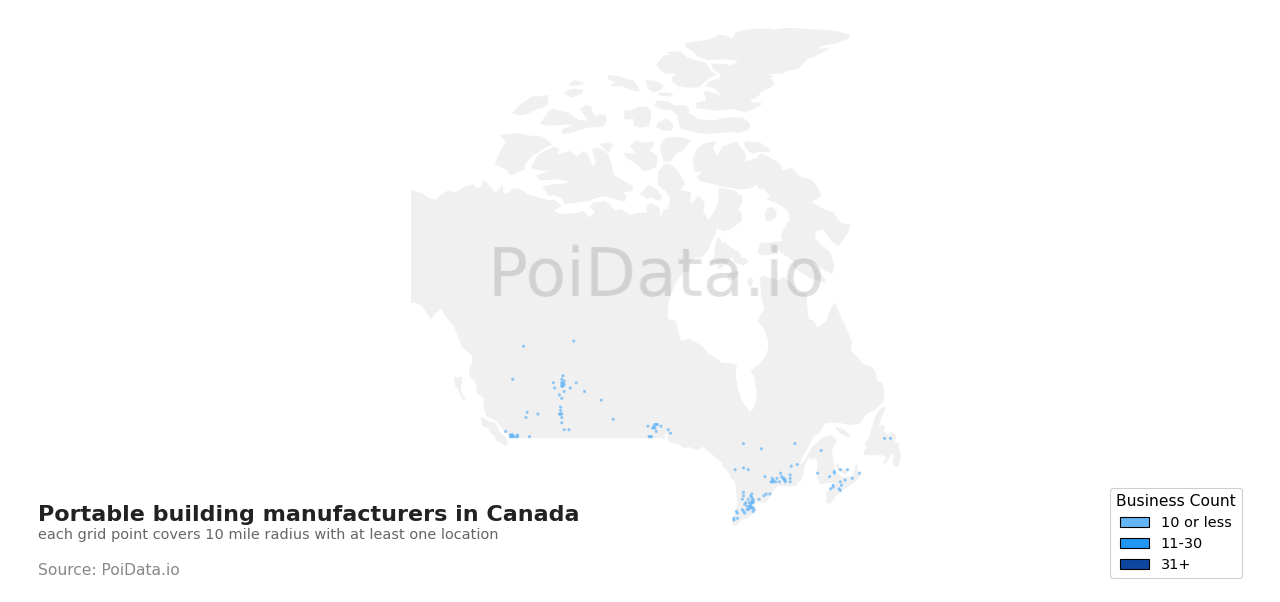 Portable building manufacturer density map for Alberta, Canada