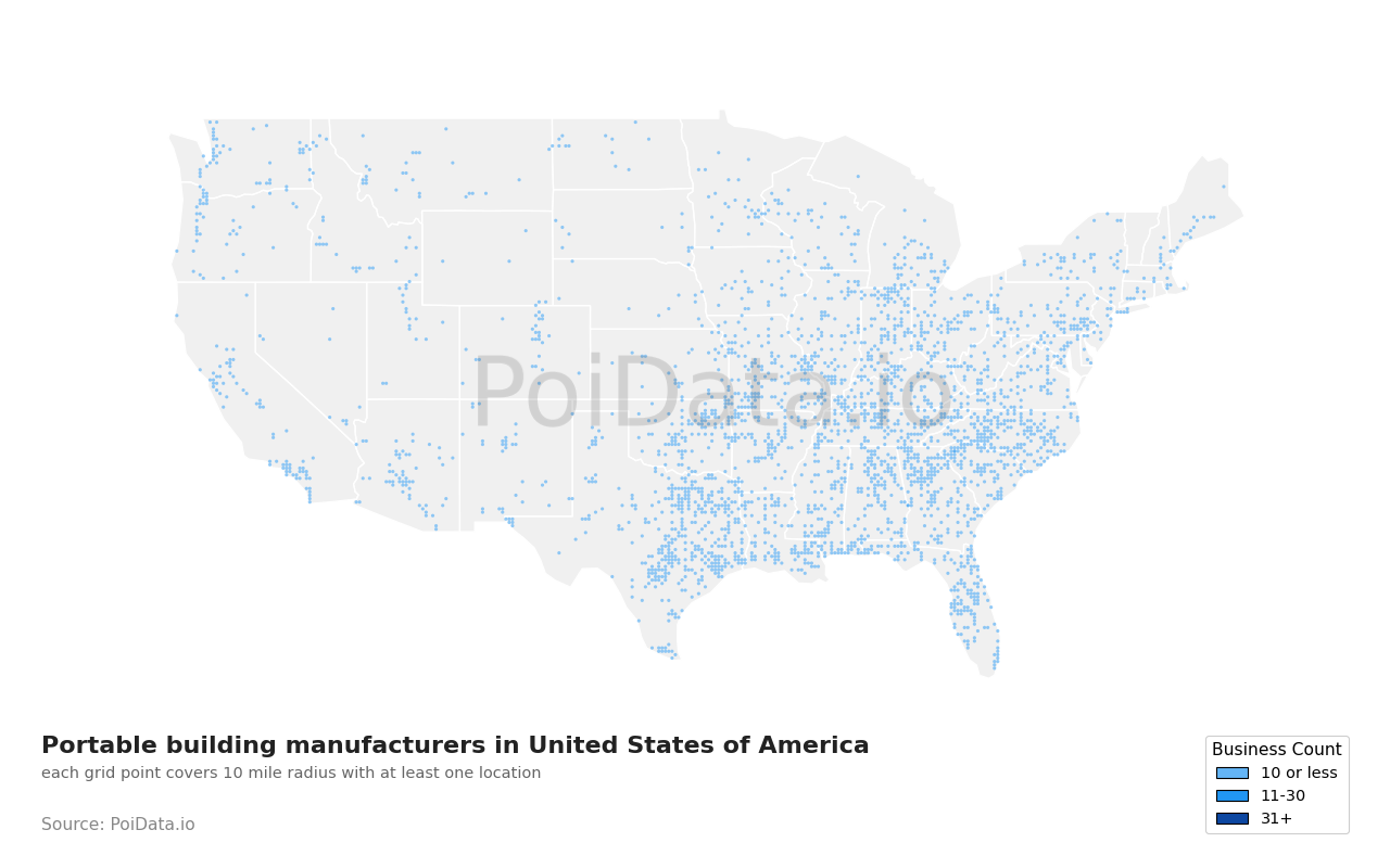 Portable building manufacturer density map for United States