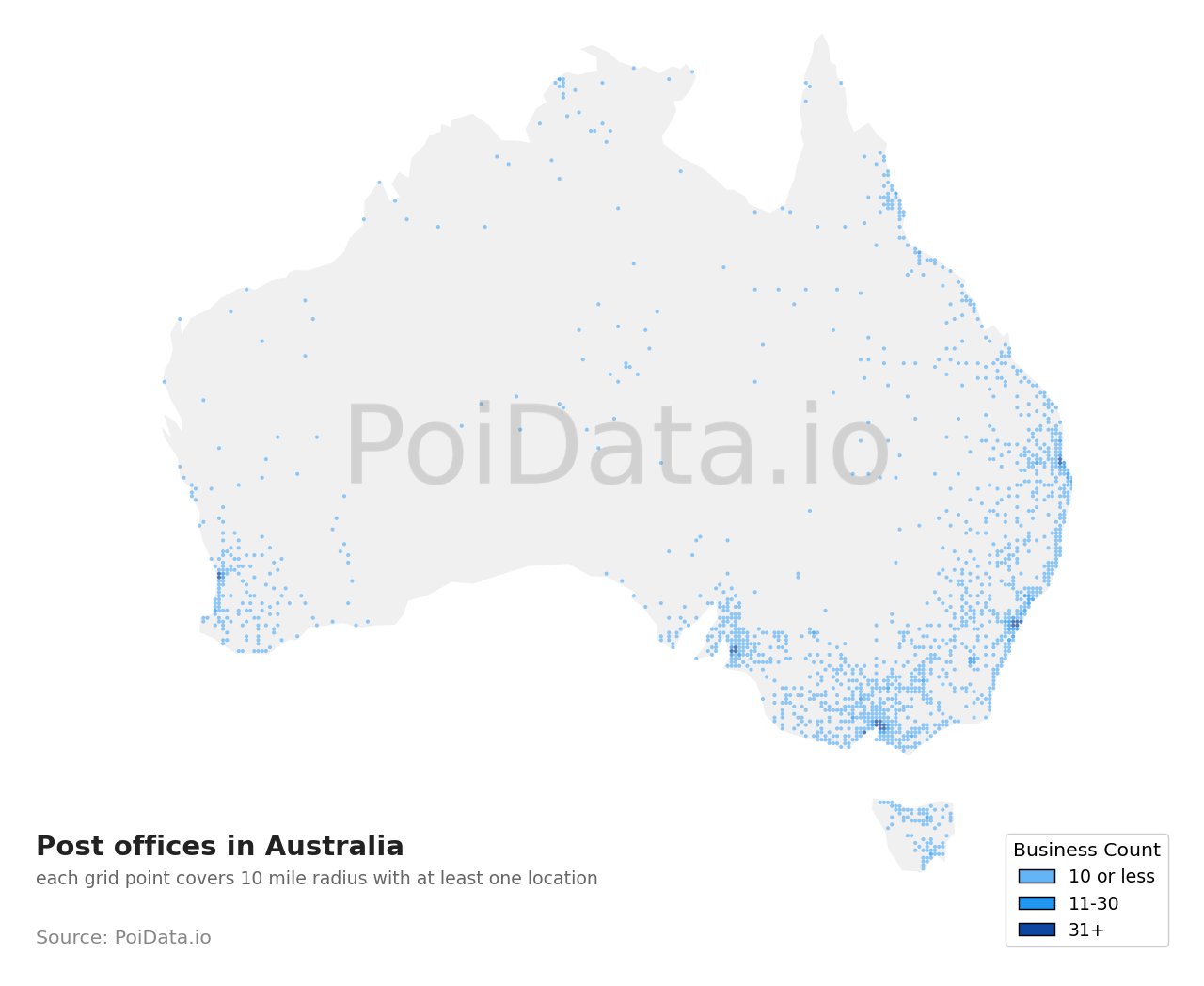 Post office density map for Australia