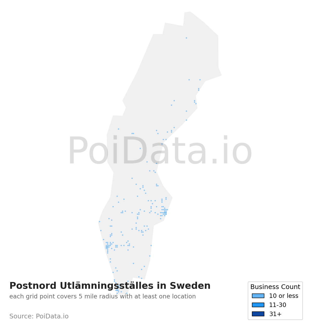 Postnord Utlämningsställe density map for Sweden