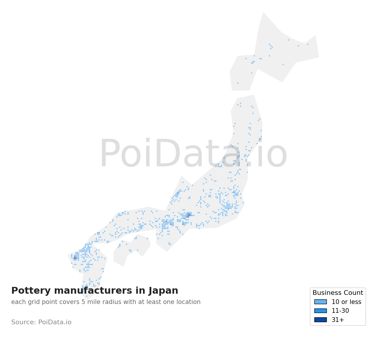Pottery manufacturer density map for Japan