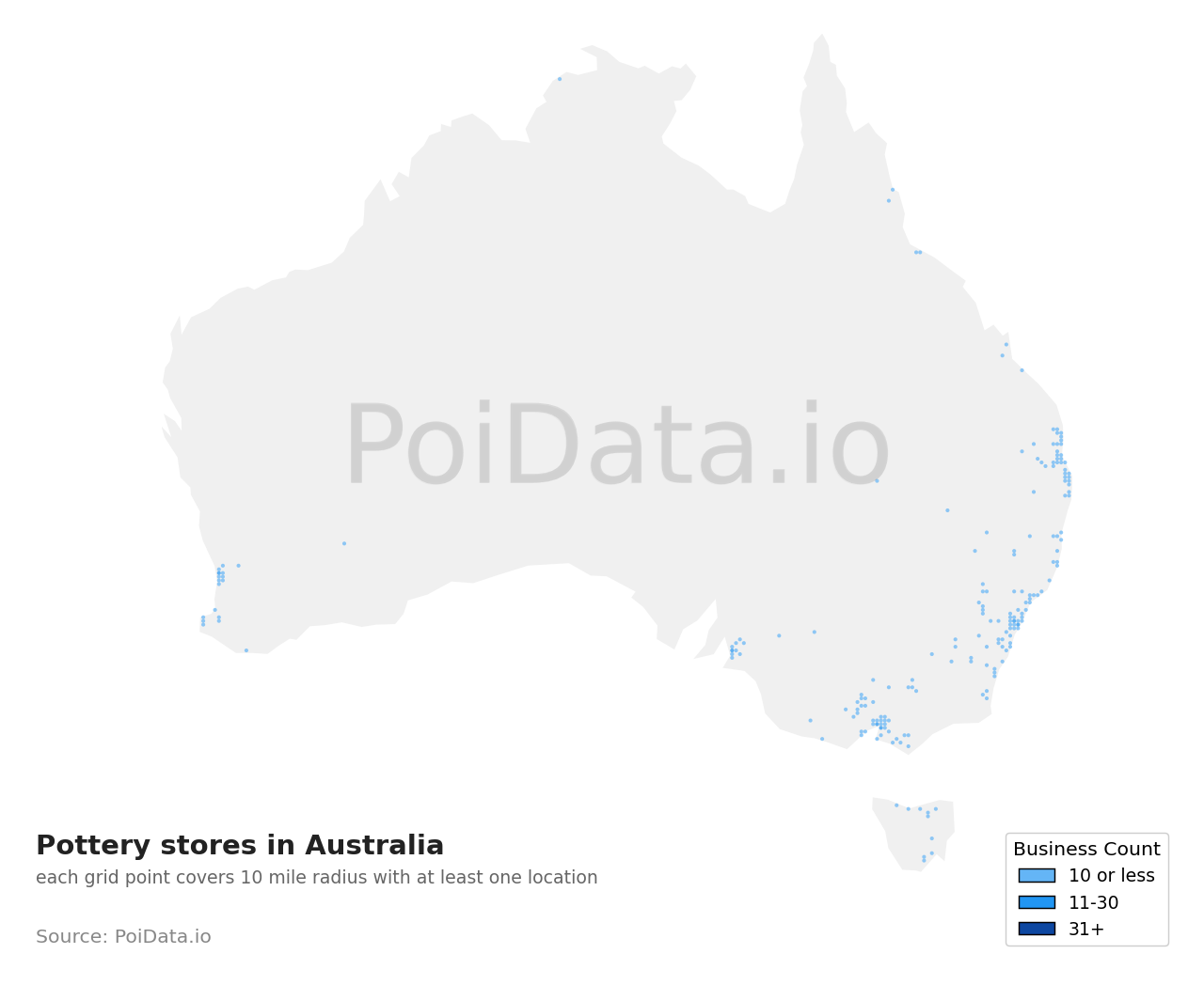 Pottery store density map for Australia